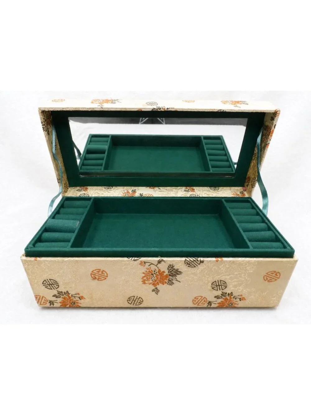 Vintage Musical Jewelry Box Floral Fabric Plays Sacred Lotus Seed Hinged Mirror